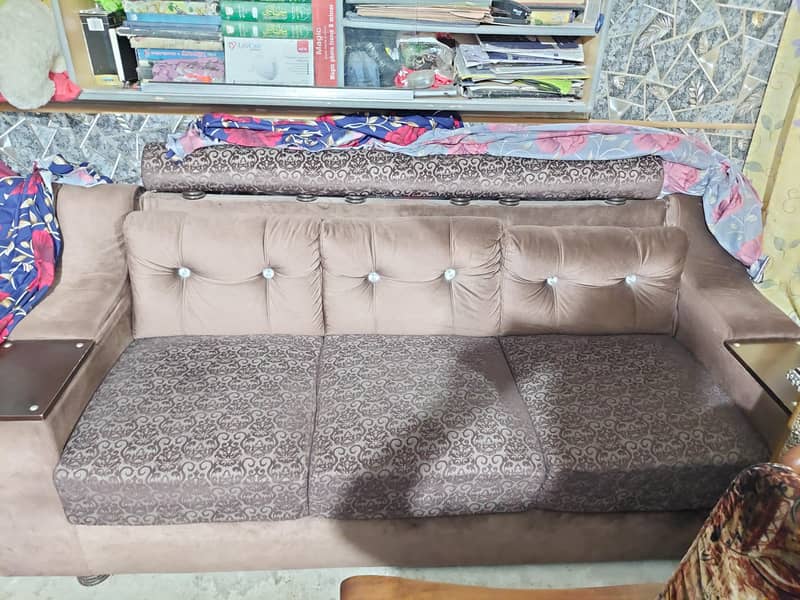 double bed, side table, full piece sofa set, dressing table 2