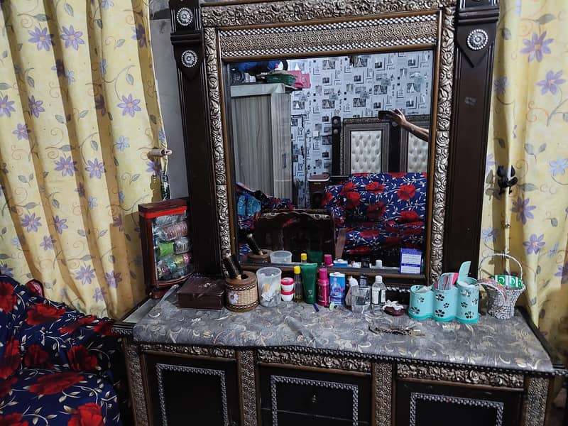 double bed, side table, full piece sofa set, dressing table 4