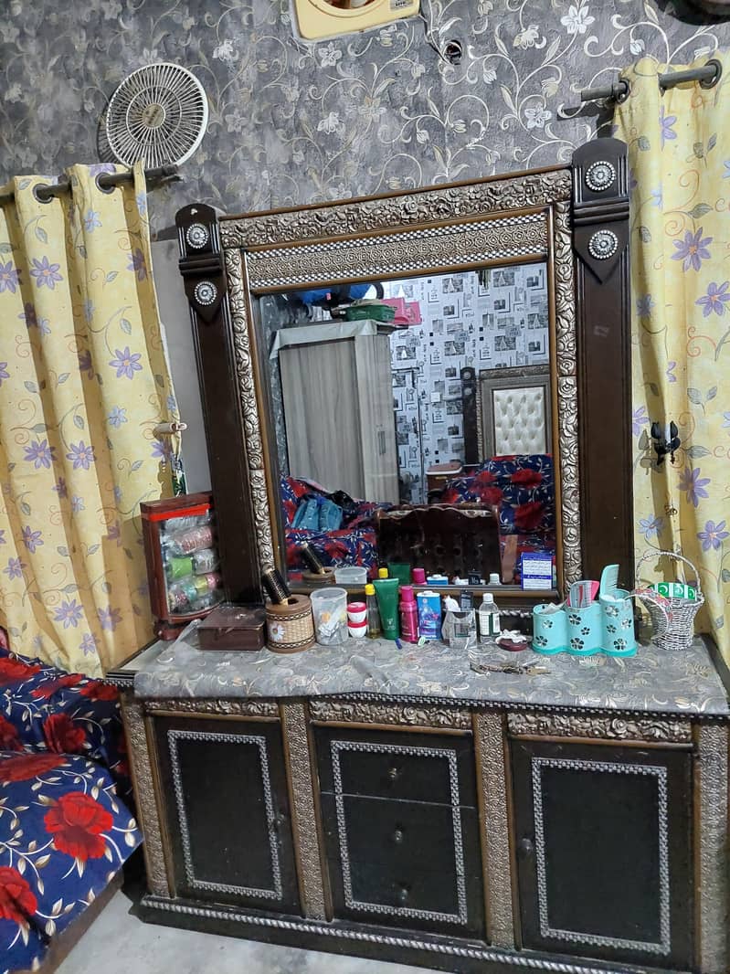 double bed, side table, full piece sofa set, dressing table 5