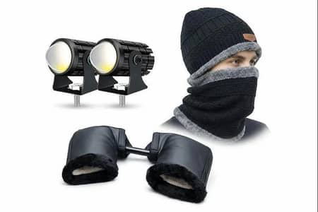Winter Bike Accessories Set: LED Lights & Warm Headwear