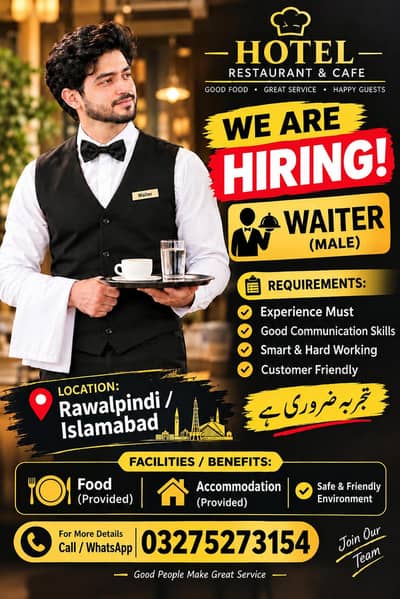 hamay apne hotel ke lye waiters ki zarorat hai
