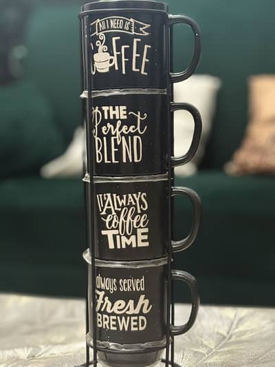 Four cup set with a stand - black coffee theme cups