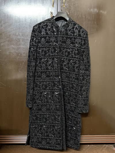 Title: Black Sherwani with Maroon Kulah – Size Small