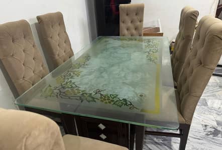 6 seater dining table set with 6 cushioned chairs-glass top