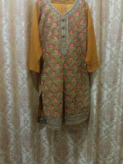 Mustard Embroidered Linen Shirt with Patiala Shalwar & Net Duppata