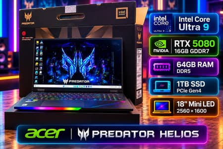 Acer Predator Helios,  Core Ultra 9, RTX 5080, 64GB/1TB, 18" Mini LED