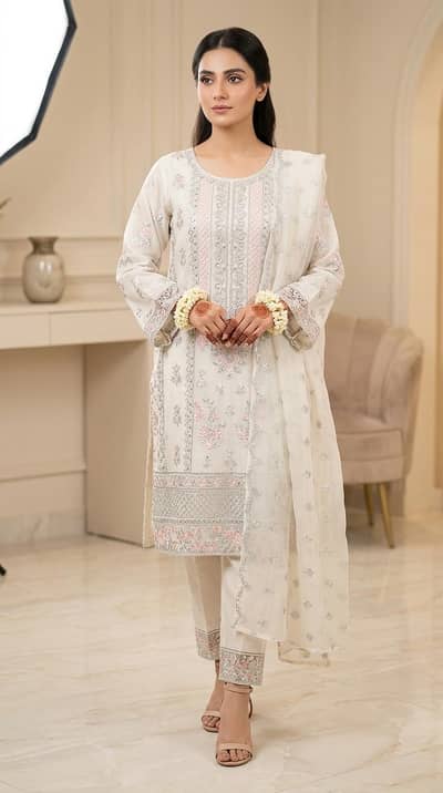 Elegant White & Pink Embroidered 3-pis Suit- Like New
