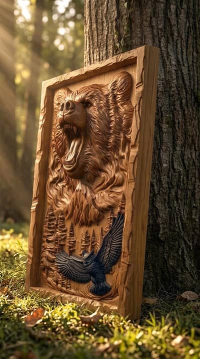 3D Wooden Bear & Eagle Carved Wall Art ,Rustic Forest  Decor