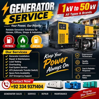 Generator services 1kv to 50 k. gas and diesel and pitrol
