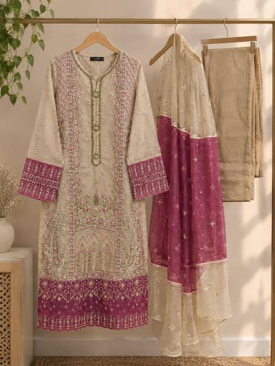 3-piece embroidered beige organza dress