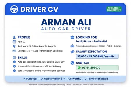 Auto Family Driver Available  LTV Licencs 5G New Karachi