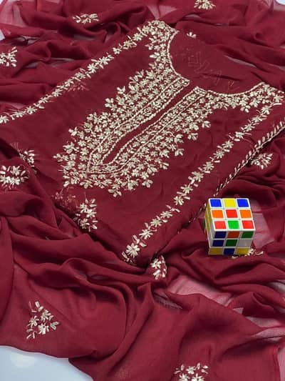 Maroon Hand Embroidered Chiffon 3-Piece Suit for Bakra Eid - Unstitche