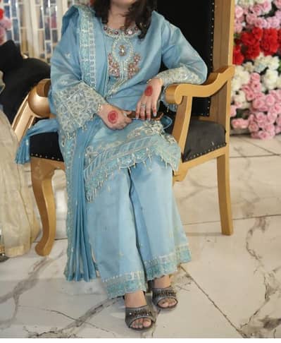Beautiful Light Blue / Sky Blue Embroidered 3-Piece Party wear