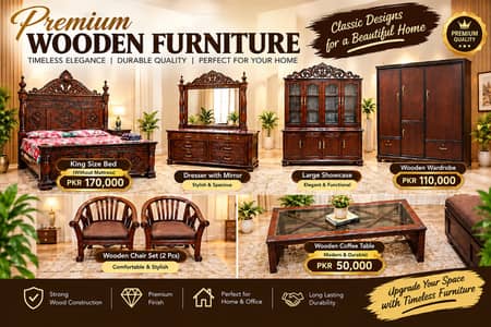 Complete Wooden Room Furniture Set – Bed Set, Wardrobe & Sofa