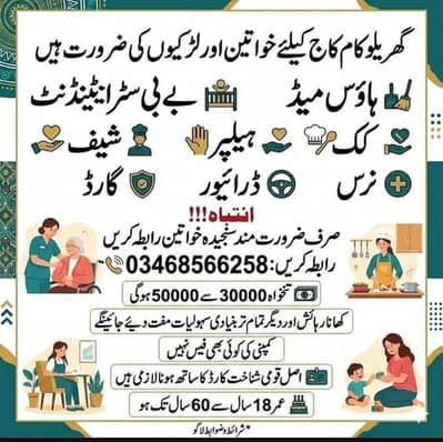 گھریلو ملازمین خواتین اور لڑکیوں کی ضرورت ہے