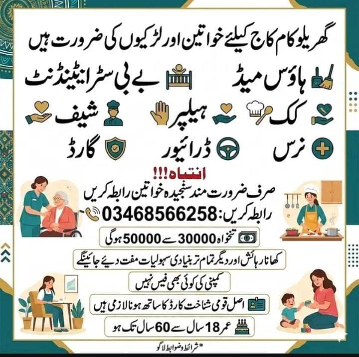 گھریلو ملازمین خواتین اور لڑکیوں کی ضرورت ہے 0