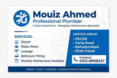 Banglow plumber - 5 years experience - monthly maintenance