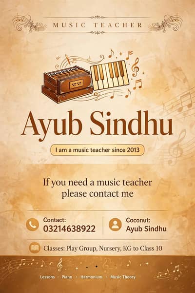 I am music teacher school play group nursery kg to ten classes
