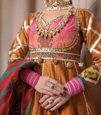 3 Piece Mehndi Wear - Angrakha Style Frock + Dupatta
