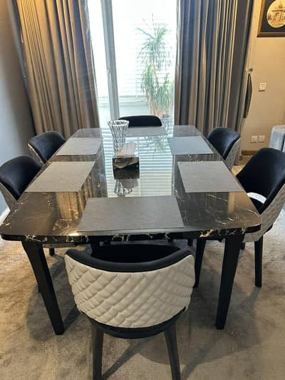 Modern 6-Seater Black -Top Dining Table with 6 Quilted Chairs
