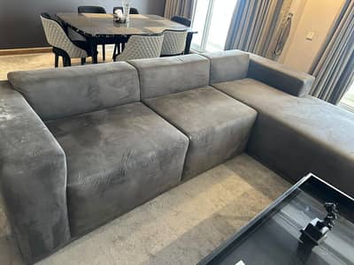 Modern L-Shape Modular Sofa – Charcoal Grey Suede/Velvet