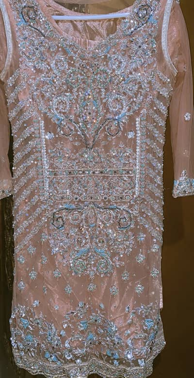 Peach Tissue Net Heavy Embroidered Party Wear Shirt - Ferozi & Silve