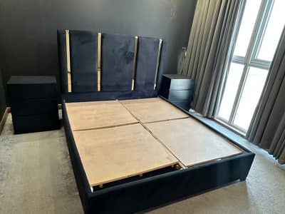 Modern Black Velvet King Size Upholstered Bed with 2 Side Tables