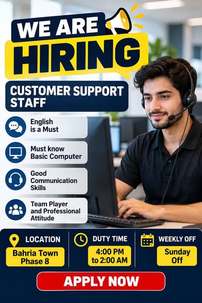 Hiring Customer Service Representative, Job in bahria town Islamabad
