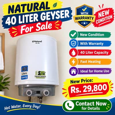 Natural 40-Liter Geyser – New Condition | With Warranty | For Sale