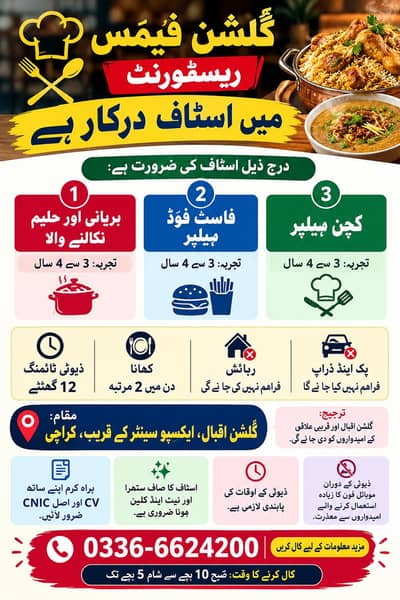 ۔ فاسٹ فوڈ ہیلپر     کچن ہیلپر.   ۔ بریانی اور حلیم نکالنے والا.