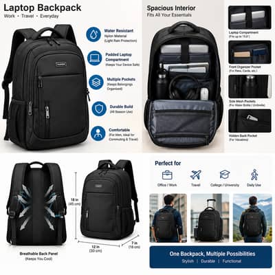 Laptop Backpack – Black, Spacious & Durable