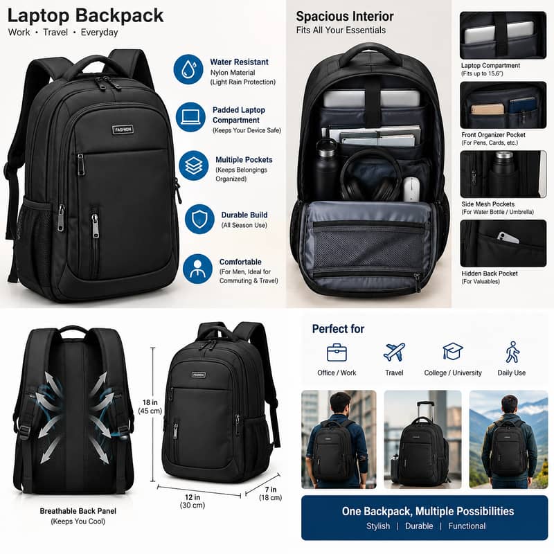 Laptop Backpack – Black, Spacious & Durable 0
