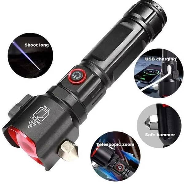Multifunctional 1KM Long Range Super Bright Emergency Flashlight Torch RL-2210| Rechargeable LED Torch with Side Light, USB Charging & 8800mAh Battery| High Power Tactical Torch with Safety Hammer & Cutter for Camping, Outdoor & Car Emergency