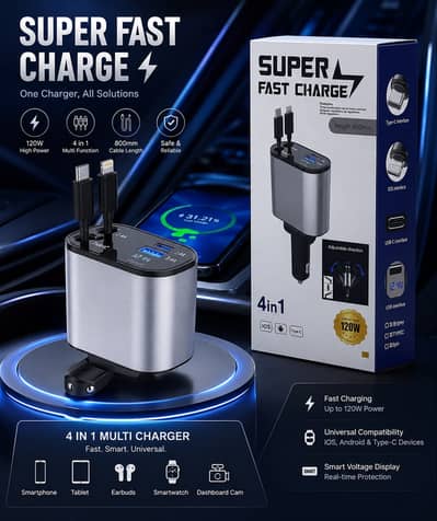 SuperFast 120w  4 in 1  Car Charger with Built in Cable