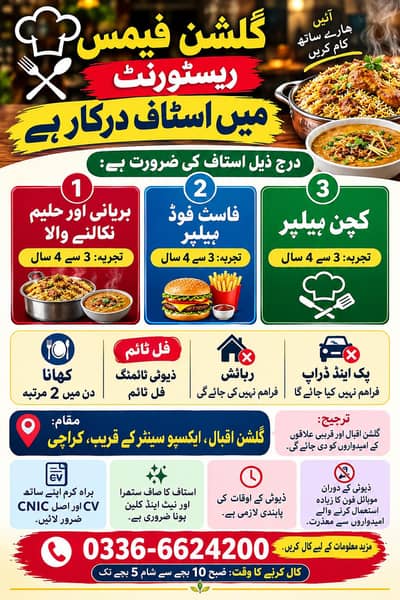 ۔ فاسٹ فوڈ ہیلپر     کچن ہیلپر.   ۔ بریانی اور حلیم نکالنے والا.