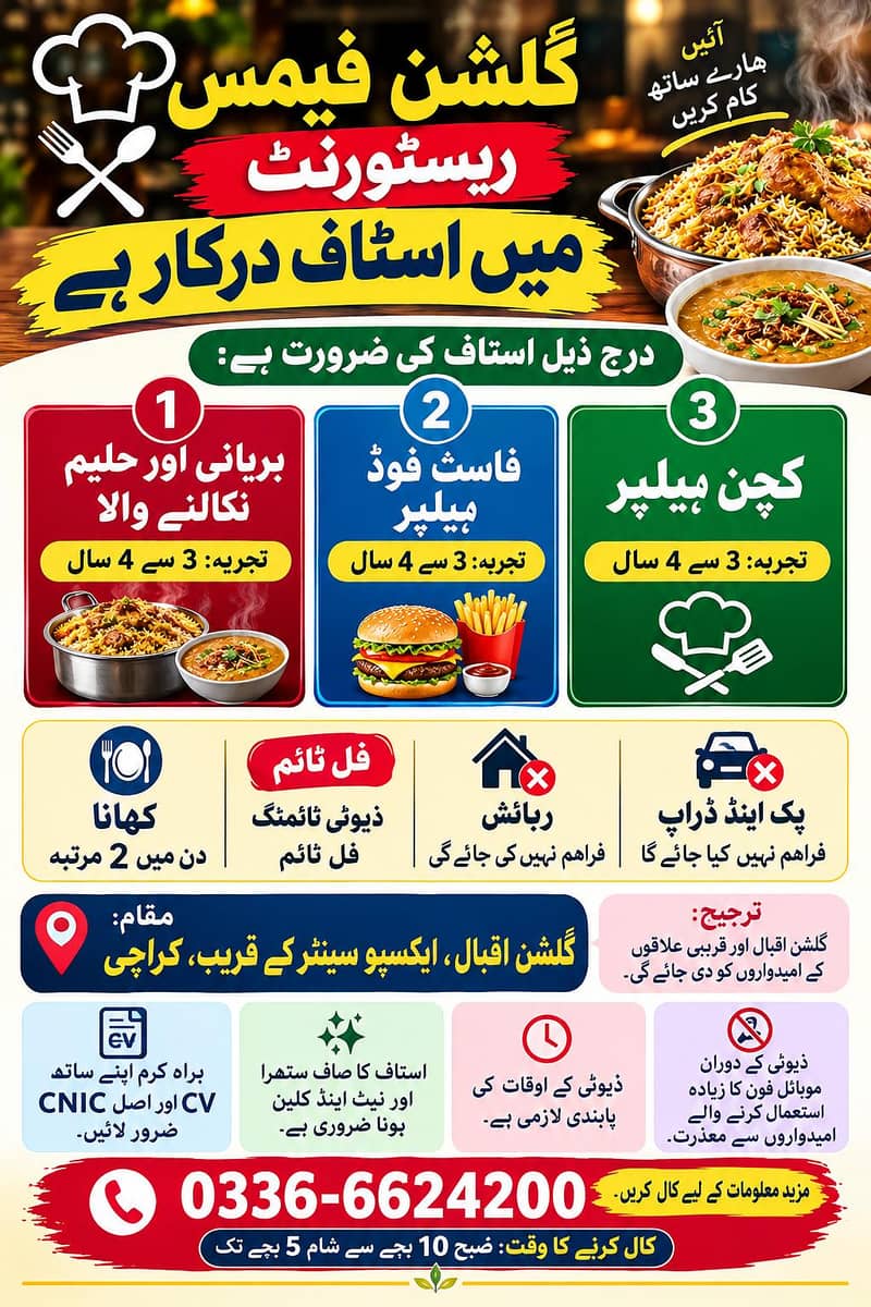 ۔ فاسٹ فوڈ ہیلپر     کچن ہیلپر.   ۔ بریانی اور حلیم نکالنے والا. 0