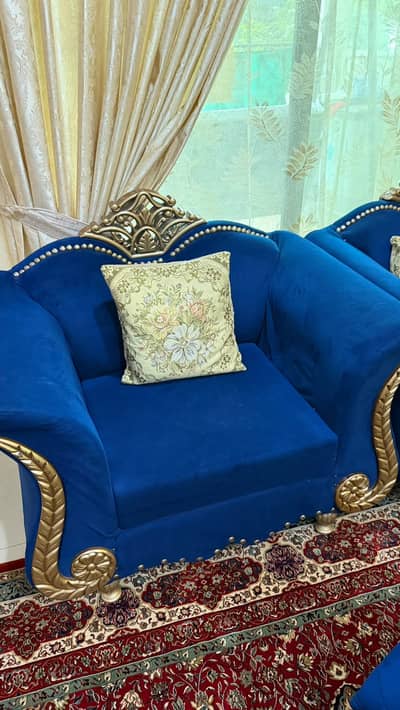 Luxurious Royal Blue & Gold Sofa Set (5 Seater) in Excellent Conditio
