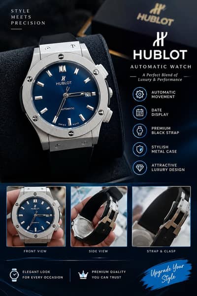 Hublot Automatic Blue Dial Luxury Watch Premium Design .