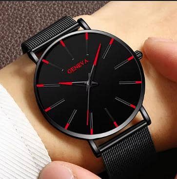 1 PCS Men's Business Quartz Wristwatch – Ultra Thin Black Dial with Red/Blue Accents & Stainless Steel Mesh Strap R3215