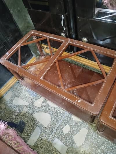3 piece wooden center table with glass top