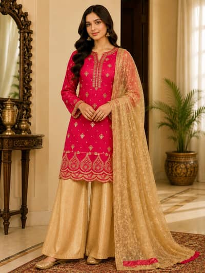 Red shirt with golden embroidered plazo party wear
