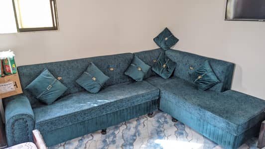 5-7 Seater L-Shaped Sofa Set Emerald Green