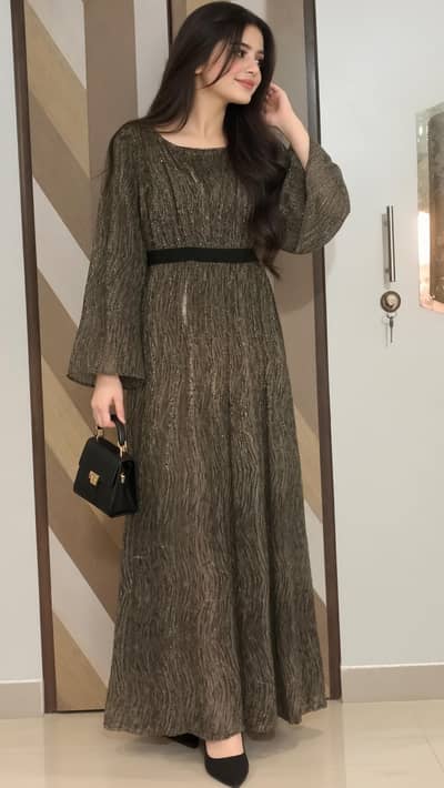 Brand New Elegant Shimmering Olive Green Maxi Dress – Party Wear