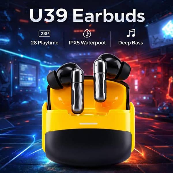 U39 Wireless Bluetooth 5.3 Earbuds (TWS) with LED Charging Case, Deep Bass, Touch Control, Noise Reduction and Long Battery Life