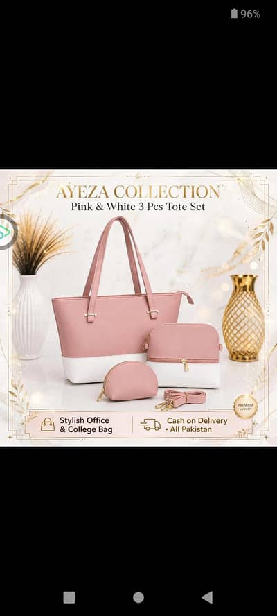 pink and white 3 PCs Tote set