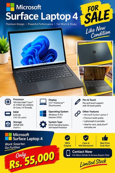 Surface laptop 4  core i5 11 genration 8gb/ 256gb