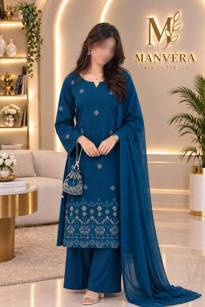 Blue Embroidered kurta set with shafoon dupatta