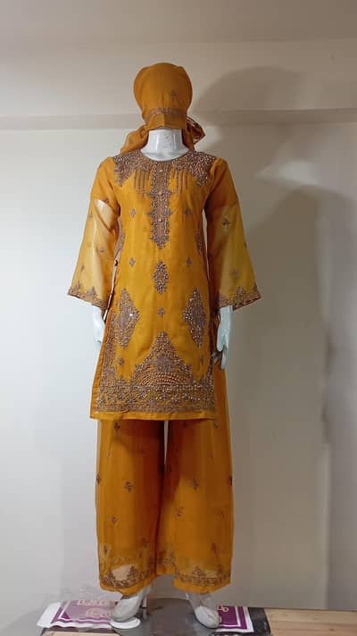 Mustard Gold Embroidered 3-Piece Chiffon Suit