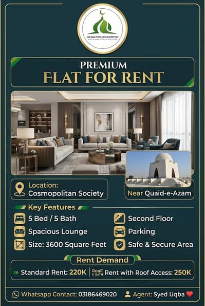 FLaT For RenT Cosmopolitan Society 5 Bed Lounge 3600 Square FeeT Size Second Floor Parking Save Area Near Qiad E Azam RenT