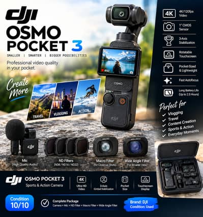 DJI Osmo Pocket 3 | 4K/120fps | 1" CMOS | Gimbal Camera | Mic + Filter